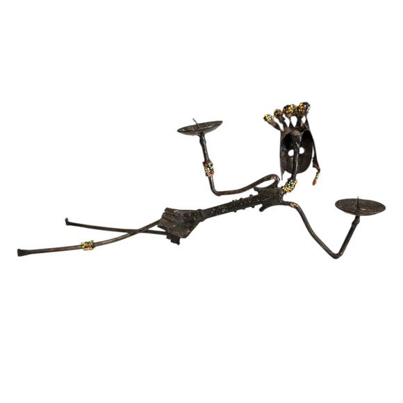 African Tribal Hand Made Bronzed Steel Reclined Woman Beaded Accents - Picture 6 of 10